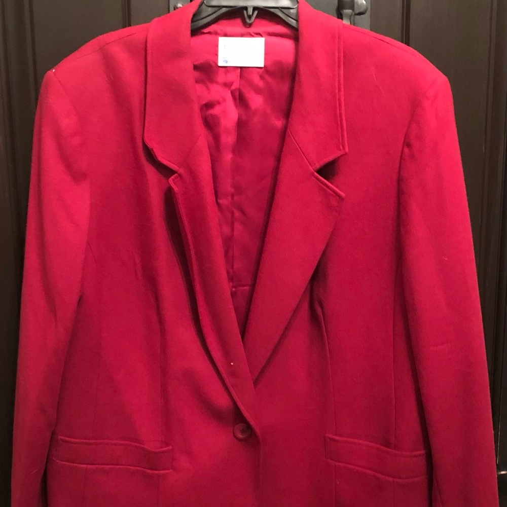 Red Wool blazer and plaid skirt ensemble